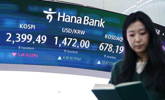 2024년 증시 폐장일인 30일 오후 서울 중구 하나은행 딜링룸 모니터에 코스피, 코스닥 종가가 표시되고 있다. 연합뉴스