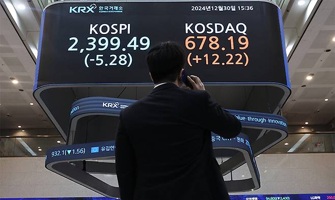 지난 2024년 12월 30일 서울 영등포구 여의도 한국거래소 전광판에 증시 종가가 표시되고 있다. 뉴스1