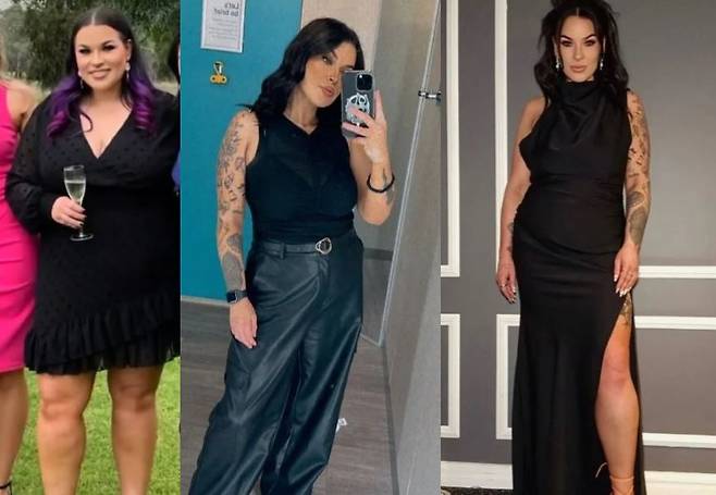 폭식으로 인해 몸무게가 117kg까지 올랐지만 약 42kg을 감량한 애쉬 맥의 (왼쪽부터) 다이어트 전, 중간 과정, 후의 모습/사진=더 선