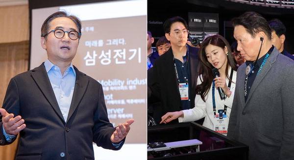 삼성전기 장덕현 대표이사 사장은 지난 8일(현지 시간) 미국 라스베이거스에서 열린 CES 2025에서 미디어 간담회를 진행하고 있다. 오른쪽 사진은 최태원 SK그룹 회장이 CES 2025에 마련된 자사 전시관을 방문한 모습. 삼성전기 제공 연합뉴스