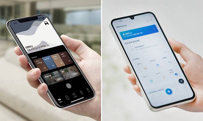 현대건설 주거 브랜드 ‘디에이치’의 입주민 전용 플랫폼 ‘마이 디에이치’(왼쪽)와 삼성물산 건설부문의 차세대 주거생활 플랫폼 ‘홈닉’. 현대건설·삼성물산 제공