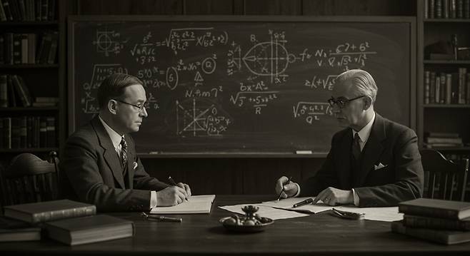 양자역학에 대해 토론하는 하이젠베르크와 슈뢰딩거. 슈뢰딩거는 하이젠베르크의 행렬역학을 싫어해 슈뢰딩거 방정식을 만들었다. 구글 이미지FX로 생성한 그림.