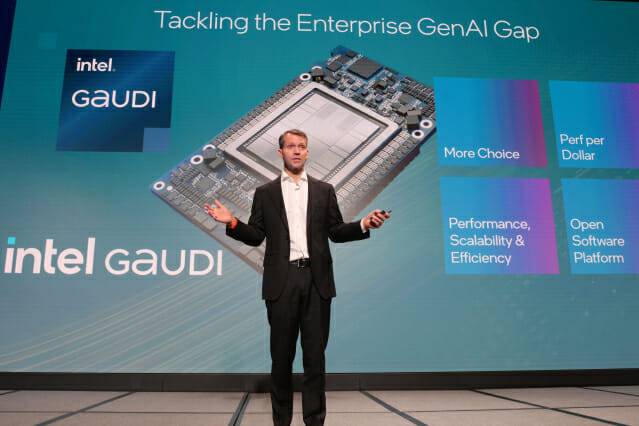 저스틴 호타드 인텔 데이터센터·AI 사업 총괄 수석 부사장이 '인텔 AI 서밋 서울 2024'에서 키노트를 하고 있다. (사진=인텔)