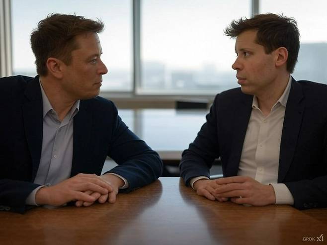 일론 머스크 테슬라 최고경영자(CEO)와 샘 올트먼 오픈AI CEO. 이미지 생성=xAI 그록(Grok)