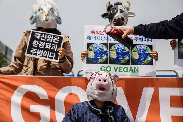 지구의 날인 2021년 4월 22일 서울 광화문 이순신 동상 앞에서 한국채식연합 등 환경단체 회원들이 '비건' 채식을 촉구하는 퍼포먼스를 벌이고 있습니다. 전문가들은 기후위기에 관심이 있다고 해서, '100% 채식'을 실천해야만 한다는 부담감을 갖기 보다는 각자가 실천할 수 있는 선에서 육류 소비를 줄이고, 채식 식단을 늘리는 방법을 권합니다. 한국일보 자료사진