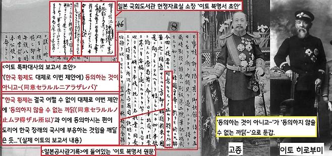 이토는 15일의 알현을 끝내고 “한국 황제는…이번 제안에 동의할 수밖에 없는 까닭, 그것이 그것이 오히려 한국의 장래에 맞는다는 것을 깨달았다~”고 정리한 보고서를 작성했다. 하지만 이 보고서는 조작임이 드러났다. 이 보고서의 초안에 분명히 적혀있는 ‘한국 황제가 일본의 제안에 동의하지 않았다’는 구절을 지우고 동의한 것으로 둔갑시킨 것이다.|<일본공사관기록> 24권·<이등박문복명서초안>(1905년 12월8일)