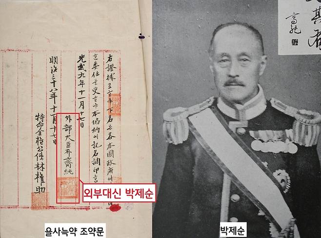 외부대신 박제순은 처음에는 조약 체결에 반대했지만 이토의 압박에 조인서에 영영 지울 수 없는 본인의 이름과 도장을 남겼다.
