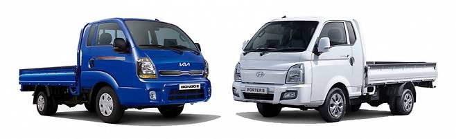 1t 트럭 LPG 모델이 많이 팔린 현대차 포터2(오른쪽)와 기아 봉고3.