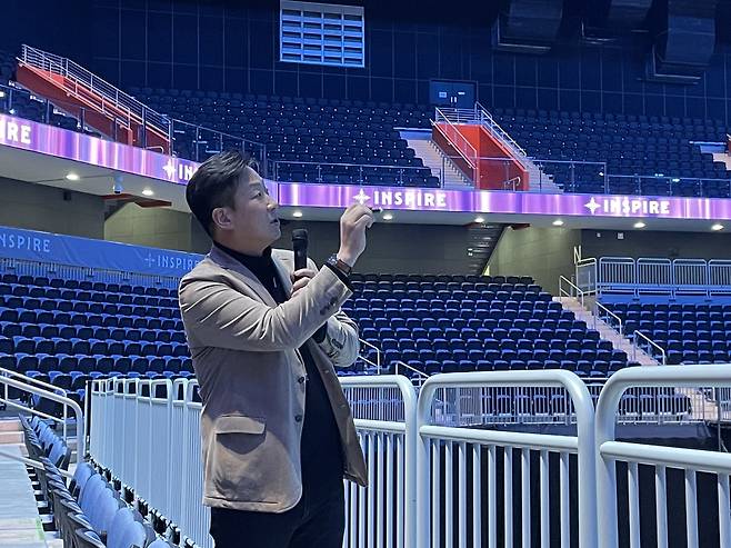 General Manager of Inspire Arena, Jang Hyun-ki, speaks during the press conference held at Inspire Arena, Tuesday. (Inspire Arena)
