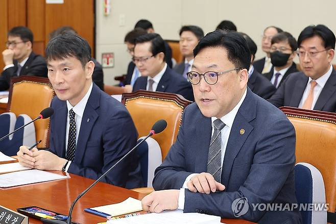 답변하는 김병환 금융위원장 (서울=연합뉴스) 김주성 기자 = 김병환 금융위원장이 18일 국회 정무위원회 전체회의에서 위원 질의에 답변하고 있다. 왼쪽은 이복현 금융감독원장. 2025.2.18 utzza@yna.co.kr