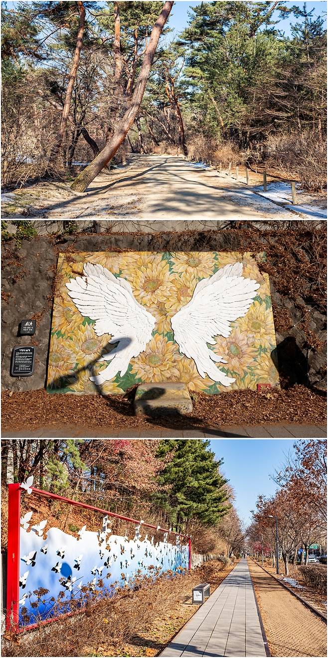 (위로부터)태릉 숲길, 경춘선 숲길 곳곳에 놓인 미술 작품들