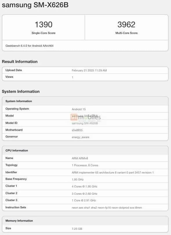 삼성 갤럭시탭S10 FE가 긱벤치 사이트에서 포착됐다. (사진=91모바일)