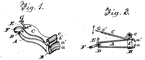 지금의 손톱깎이와 매우 유사한 형태의 1881년 특허 US244891A. 유진 하임(Eugene Heim)과 셀레스틴 마츠(Celestin Matz)가 등록했다. 구글 특허에서 셀레스틴의 C를 O로 오기하는 바람에 수많은 웹사이트에서 오엘레스틴(Oelestin)으로 소개하고 있다. 구글 네 이놈. [사진 출처=구글 특허)