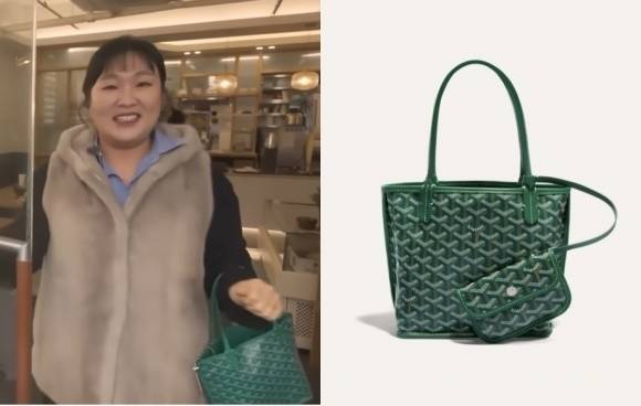개그우먼 이수지(왼쪽)와 이수지가 든 고야드의 ‘앙주 백 미니’. 유튜브 채널 ‘핫이슈지’·고야드 홈페이지