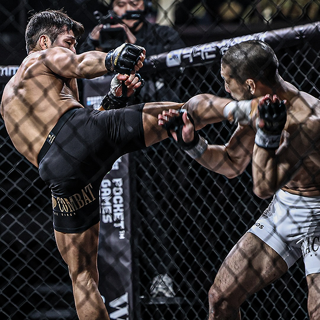 김민우가 2024년 12월 서울특별시 고려대학교 화정체육관 블랙컴뱃 13 메인이벤트 1라운드 헤드 킥으로 KO승을 거두고 있다. 사진=이데아 파라곤