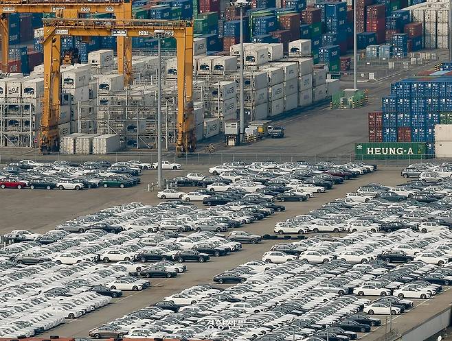 경기 평택항에 선적을 기다리고 있는 수출용 자동차. 경향신문 자료사진