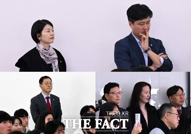 한동훈 전 국민의힘 대표가 6일 서울 서대문구 코지모임공간 신촌점에서 열린 2025 대학생시국포럼 백문백답 토론회 강연자로 참석해 발언하는 가운데, 친한계로 알려진 한지아, 우재준, 박정훈, 김상욱 의원(왼쪽 위부터 시계방향)이 행사장을 찾아 이를 지켜보고 있다. /이새롬 기자