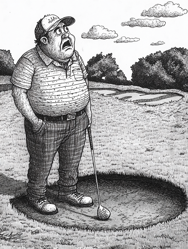 홀인원한 후 망연자실한 골퍼의 표정을 주제로 AI 미드저니가 그린 이미지.