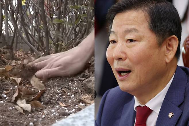 국민의힘 이철규 의원(오른쪽)의 아들이 지난해 10월 ‘던지기’ 수법으로 서울 서초구의 한 오피스텔 앞 화단에 묻힌 액상 대마를 찾으려다 입건됐다. MBC 보도화면 캡처‧연합뉴스