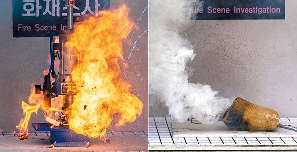 12일 부산 연제구 부산소방재난본부에서 보조배터리 열폭주 실험(왼쪽)과 방화팩 검증 실험이 진행되고 있다. 이원준 기자 windstorm@kookje.co.kr