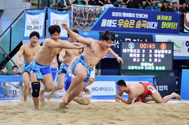 ‘제55회 회장기전국장사씨름대회’ 고등부 단체전에서 영신고가 장유고에 4-2로 승리하며 올 시즌 첫 우승을 차지했다. / 대한씨름협회