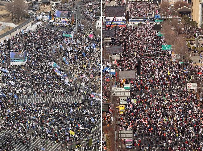 15일 오후 서울 광화문에서 탄핵에 찬성하는 시민들(왼쪽)과 탄핵에 반대하는 시민들이 집회를 하고 있다. 뉴스1