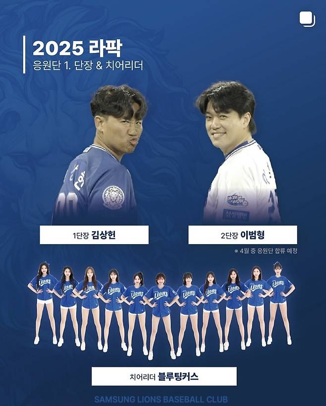 (왼쪽부터 시계 방향) 삼성 라이온즈 김상헌·이범형 응원단장, 치어리더팀 블루팅커스. 사진 | 이범형 SNS