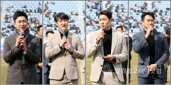수원FC 승격 13명의 주역들, 스페셜 합동 은퇴식...인사말을 하는 선수들 모습. 김정빈-김창훈-이준호-김서준 선수.