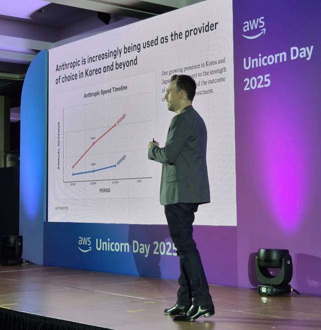 마이크 크리거 앤트로픽 최고제품책임자(CPO)가 18일 서울 강남 코엑스에서 열린 'AWS 유니콘데이 2025’에서 한국 시장에서의 성장세를 소개하고 있다. 김성태 기자