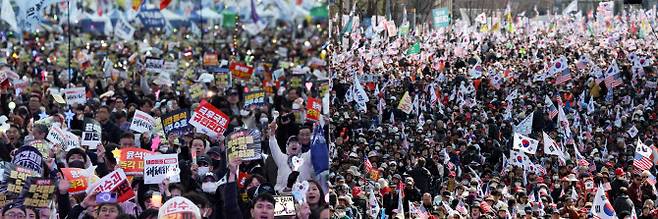 지난 15일 서울 곳곳에서 윤석열 대통령 탄핵 찬반 집회가 열리고 있다. 왼쪽은 서울 종로구 경복궁 동십자각에서 윤석열 즉각퇴진·사회대개혁 비상행동(비상행동)이 연 15차 범시민 대행진, 오른쪽은 서울 세종대로에서 대한민국바로세우기운동본부가 연 광화문 국민대회.(사진=연합뉴스 제공)