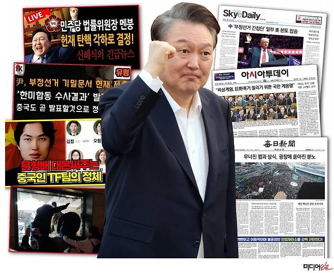 ▲ 왼쪽은 허위정보와 음모론을 유포하고 폭력행위를 드러낸 신의한수 등 유튜브채널. 오른쪽은 허위정보를 보도 형식으로 유포한 스카이데일리와 윤 대통령 지지성향을 강하게 드러낸 아시아투데이, 매일신문 1면 갈무리. (클릭하면 확대된 이미지를 보실 수 있습니다.) 디자인=안혜나 기자.