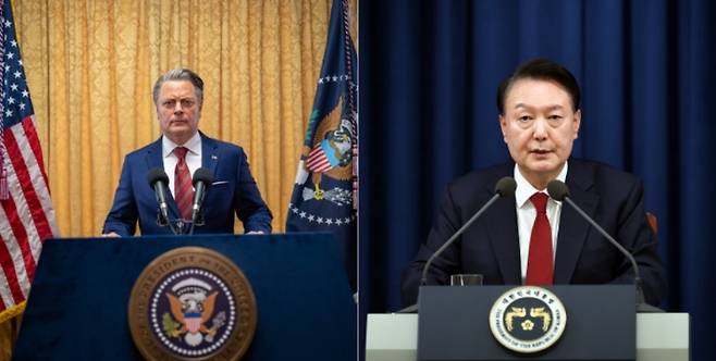 왼쪽은 영화 '시빌 워: 분열의 시대' 스틸컷. 오른쪽은 지난해 12월 3일 비상계엄을 선포하는 윤석열 대통령. ㈜마인드마크·㈜더쿱디스트리뷰션·대통령실 제공