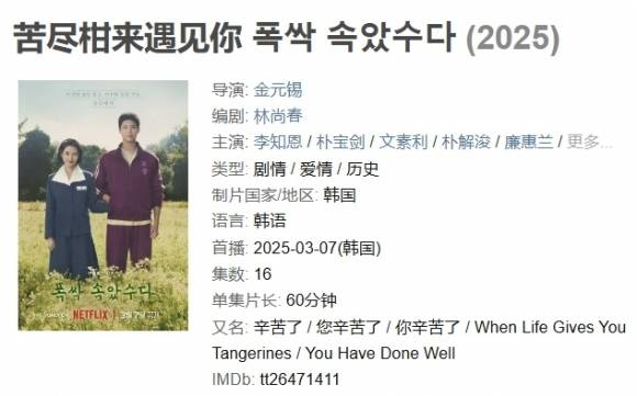 중국의 영화·드라마·도서 등 평론 사이트인 ‘더우반’에 넷플릭스 드라마 ‘폭싹 속았수다’의 평점과 평론이 올라와 있다. 자료 : 더우반