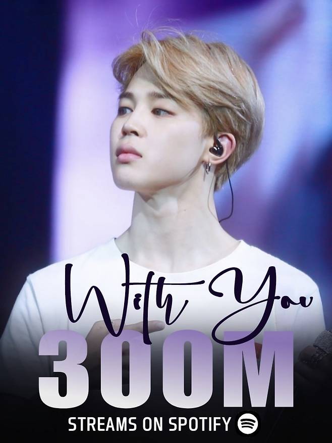 방탄소년단 지민 '위드 유' 스포티파이 3억 돌파..개인 통산 5번째 '大기록'