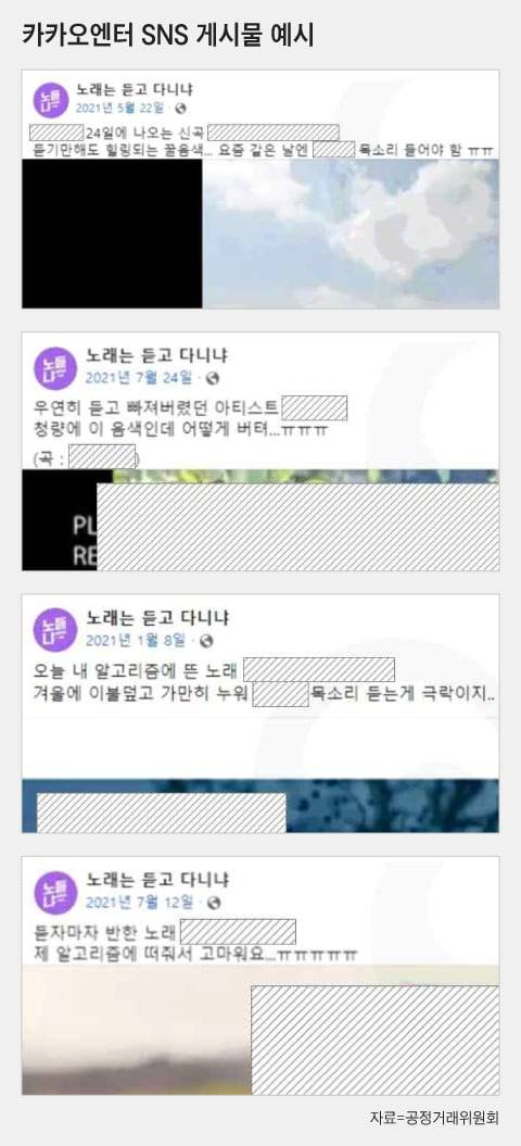 공정거래위원회가 적발한 카카오엔터테인먼트의 기만적인 음원 및 음반 광고 사례. 소셜미디어에 노래 추천 채널을 만들어 홍보하면서도 광고임을 밝히지 않았다. /그래픽=조선디자인랩 권혜인