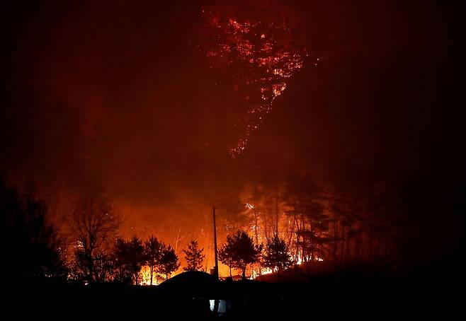 25일 경북 안동시 남후면 광음리 인근 뒷산에 산불이 확산하고 있다