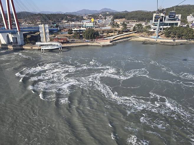 명량해상케이블카에서 내려다본 울돌목 거친 물살