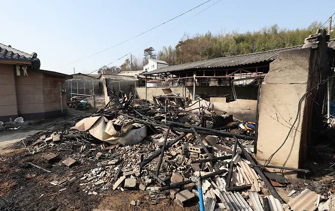 26일 울산시 울주군 언양읍 신화마을 한 주택이 전날 발생한 산불로 전소돼 있다. 울산=연합뉴스
