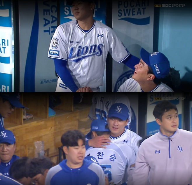 27일 대구 NC전에서 배찬승을 위로하는 이재희. MBC스포츠플러스/티빙 중계화면 캡쳐