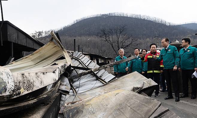 국민의힘 권영세 비상대책위원장이 28일 경북 안동시 임하면 산불 피해 마을을 살펴보고 있다. 뉴스1