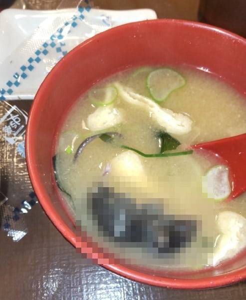 한 네티즌이 지난 1월 일본 규동 체인 '스키야'의 된장국에서 쥐 사체가 나왔다며 올린 사진. 스키야 측은 두 달만에 이물질 혼입에 대해 사과했다./엑스