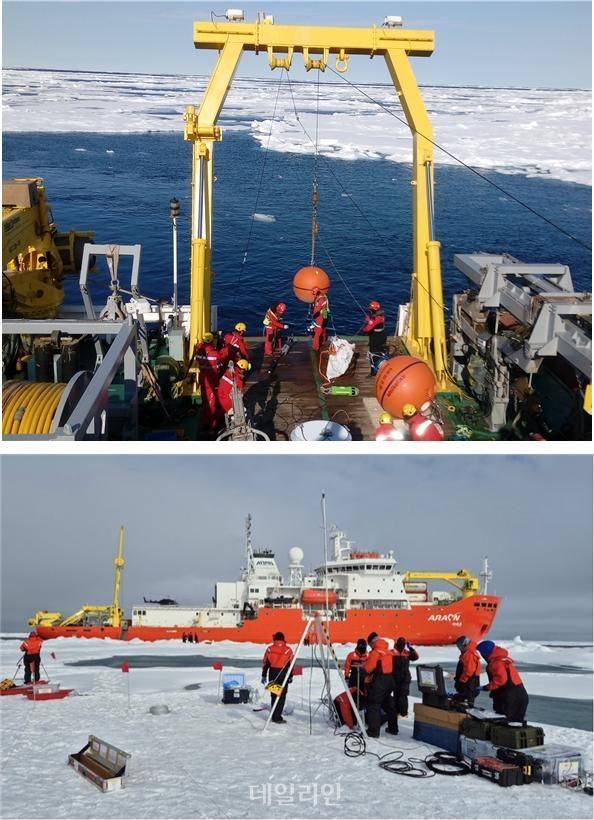 한국형 장기계류관측시스템에서 연 단위 관측 자료를 회수하는 한국 연구팀(위)과, 북극해빙에 정박한 아라온호와 해빙의 특성을 측정 중인 한국 연구팀(아래) 모습. ⓒ해양수산부