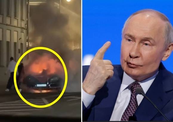 현지시간으로 29일 밤 러시아 모스크바 크렘린궁 인근의 연방보안국 청사 앞 도로에 주차돼 있던 리무진 차량인 ‘아우루스 세나트’가 불길에 휩싸였다(왼쪽). 키이우포스트 제공