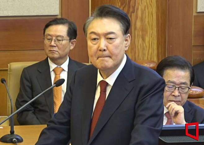 윤석열 대통령이 지난 2월 25일 서울 종로구 헌법재판소에서 열린 윤 대통령 탄핵심판 11차 변론에서 최종 의견 진술을 하고 있다. 헌법재판소