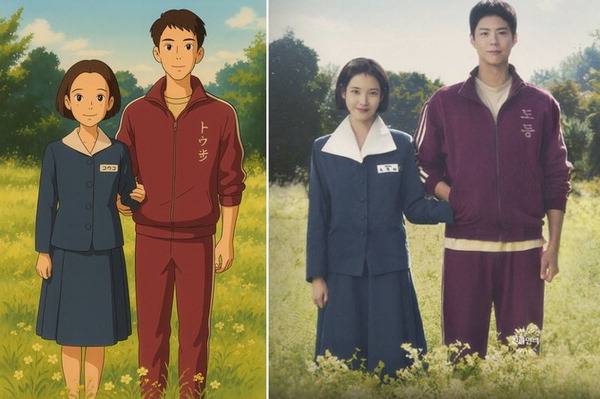 넷플릭스 오리지널 ‘폭싹 속았수다’의 주인공 애순(아이유·왼쪽)과 관식(박보검)의 모습을 챗GPT 지브리 스타일로 바꾼 이미지(왼쪽)와 실제 사진. 넷플릭스 제공