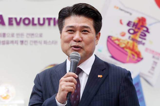 김동찬 삼양식품 대표가 4일 서울 강서구 코엑스 마곡에서 열린 대한민국라면박람회를 찾아 인사말을 하고 있다. 뉴시스