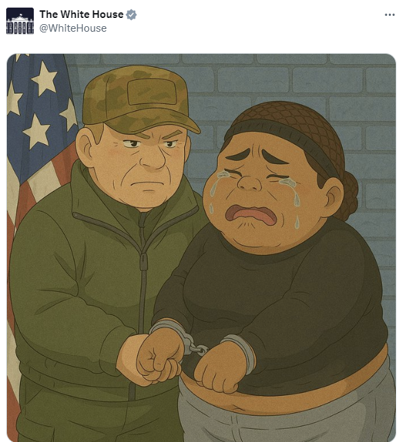 3월 27일 백악관 공식 X 계정에 챗GPT로 생성한 지브리 스타일 이미지가 게재됐다. 미국 필라델피아에서 마약 밀매, 불법 거주 혐의로 체포된 여성의 모습을 챗GPT 이미지 생성 기능으로 재현한 것이다. 백악관 X 캡처