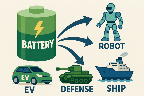 전기차에 주로 활용되던 이차전지가 로봇, 방위산업, 조선업에도 활용될 수 있음을 보여주는 이미지. <자료: 챗GPT>