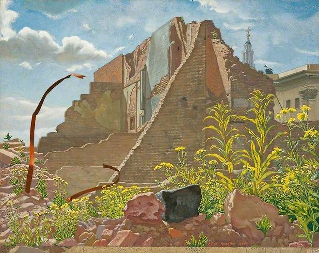 ‘해버대셔스 홀, 1945년 5월 8일’, 엘리엇 호지킨 작. 런던 대공습으로 파괴된 도심의 폐허에 생겨난 야생의 정원. 위키미디어 코먼스