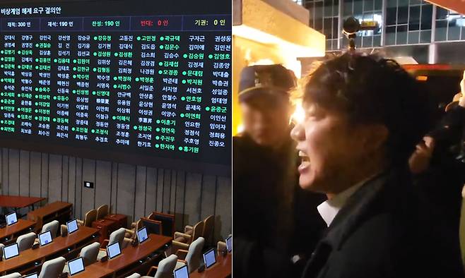 지난해 12월4일 새벽 서울 여의도 국회에서 열린 본회의에서 비상계엄 해제요구안이 가결되고 있다. 오른쪽은 계엄군 통제로 국회에 출입하지 못한 개혁신당 이준석 의원. 뉴시스·JTBC 보도화면 갈무리